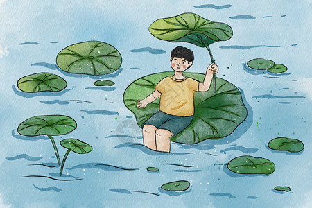 夏天节气池塘荷叶水彩国风男孩背景图片