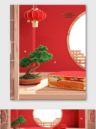 窗户和盆栽红色喜庆吃货节海报背景电商促销中国风背景模板