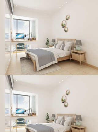 3d模型空间场景北欧卧室效果图设计模板