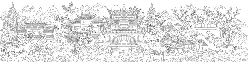 国潮风云南城市风景长卷线稿插画图片