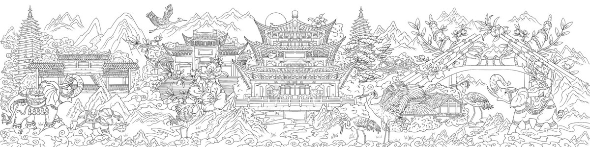 国潮风云南城市风景长卷线稿插画插画