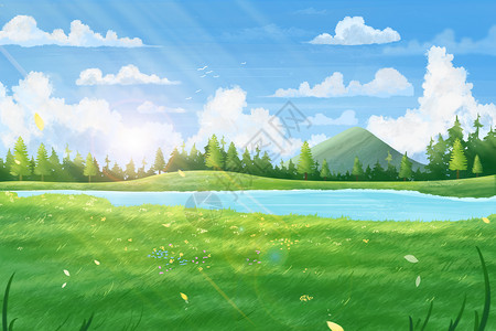 夏天风景天空蓝天白云草地插画背景图片