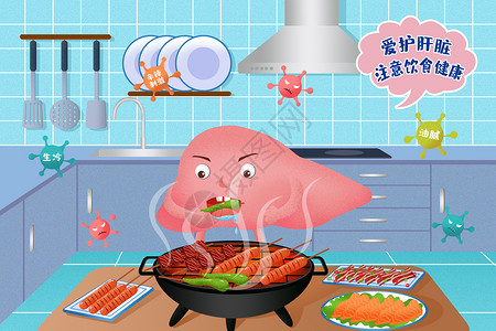 中医宣传海报卡通风格医疗健康爱护肝脏宣传插画插画