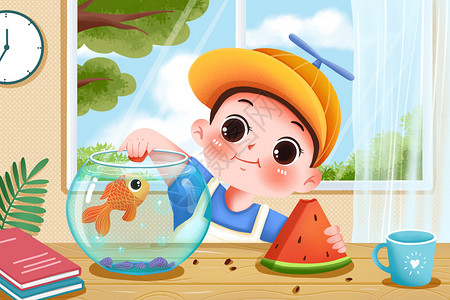 夏日吃西瓜男孩给小鱼喂西瓜的男孩插画