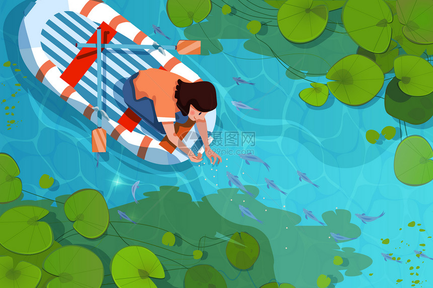 二十四节气之立夏女孩乘船在莲池中喂鱼玩耍图片