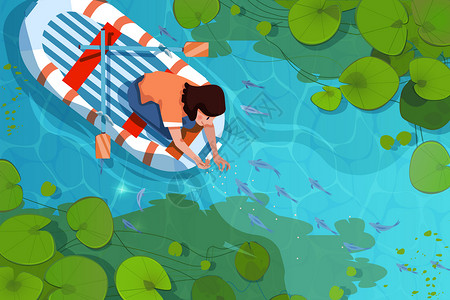 二十四节气之立夏女孩乘船在莲池中喂鱼玩耍高清图片