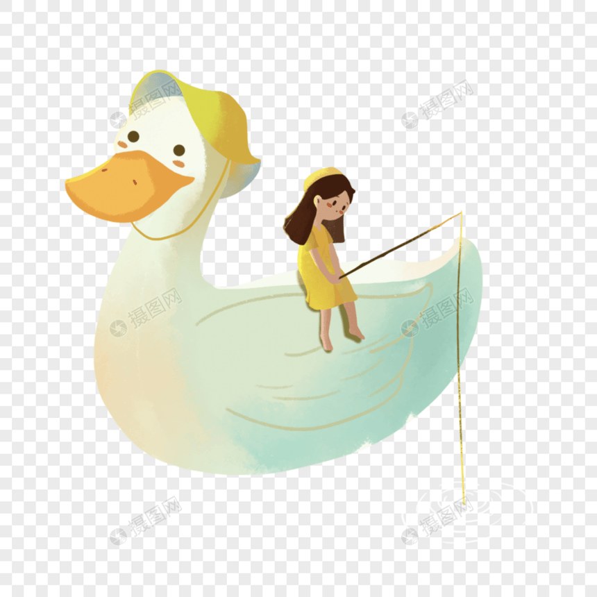 坐着鸭背上钓鱼的女孩图片