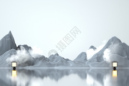 中国风水墨山水背景墙C4D水墨山水背景设计图片