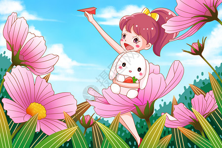 抱兔子的小女孩儿童节花丛中抱着玩具兔子拿着纸飞机的小女孩插画