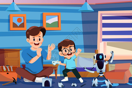六一儿童节爸爸和孩子在房间里玩机器人节日礼物高清图片