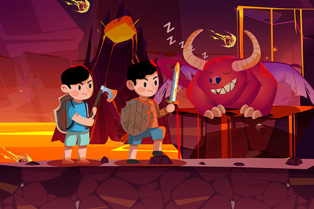 童趣大冒险六一儿童节孩子大冒险在火山进行冒险游戏绘本插画插画