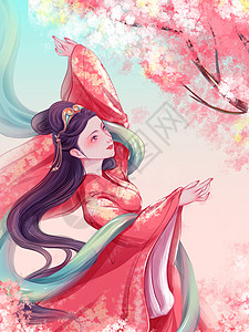 国潮风少女插画樱花舞动的少女背景图片