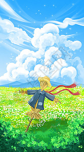 蓝天白云下草原上的稻草人图片