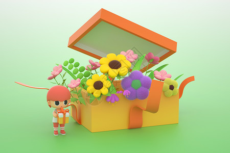 母亲节鲜花礼盒C4D创意毛绒黏土花朵礼盒场景设计图片