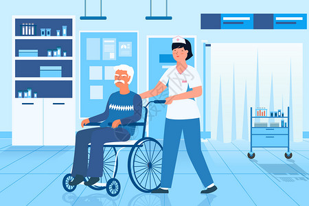 护士推轮椅国际护士节护士在医院照顾老人插画