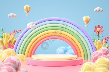 粉红热气球三维夏日彩虹场景设计图片