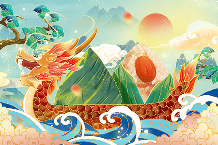 中国风国潮端午节赛龙舟粽子背景插画高清图片