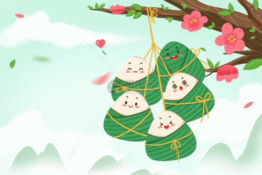 可爱挂在树上的小粽子插画GIF图片