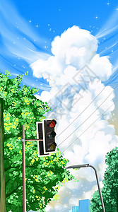电线路蓝天白云下的城市红绿灯小清新插画插画