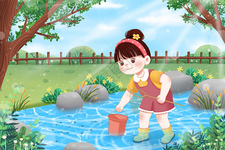 儿童节河里玩耍的小女孩插画图片