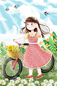 夏天草地上骑单车的女孩插画图片