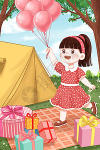 儿童节草地上的小女孩插画图片