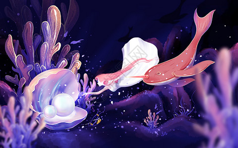 紫色海洋日独角鲸插画高清图片