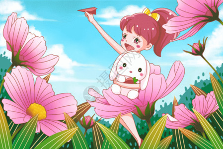 粉色荷花丛儿童节花丛中抱着玩具兔子拿着纸飞机的小女孩GIF高清图片