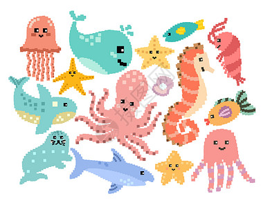 粉色海洋生物世界海洋日各类海洋生物像素画插画