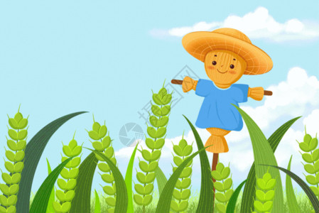 农作物竹筐麦田里的稻草人插画gif动图高清图片