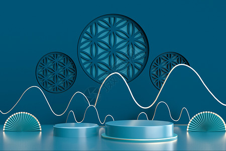 几何立体镂空花蓝色中国风展台建模设计图片