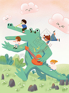 儿童节动物游玩插画背景图片