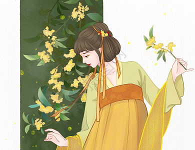 古风手绘人物女性桂花拟人插画背景图片