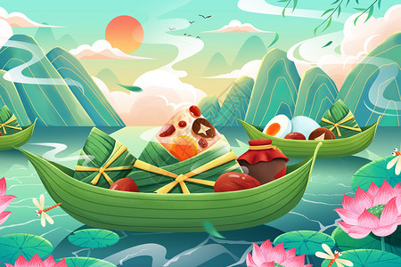荷花和蜻蜓五月初五粽子节吃粽子插画插画