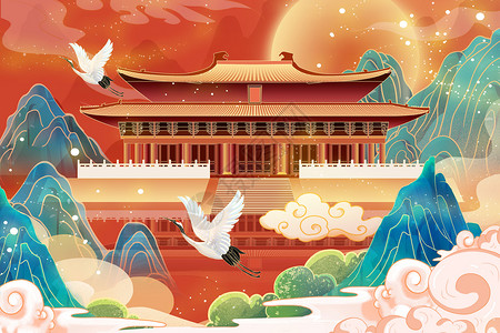 国潮中国风建筑风景插画背景图片