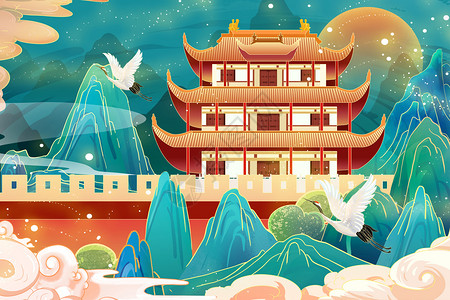 国潮山水中国风建筑唯美风景插画背景图片