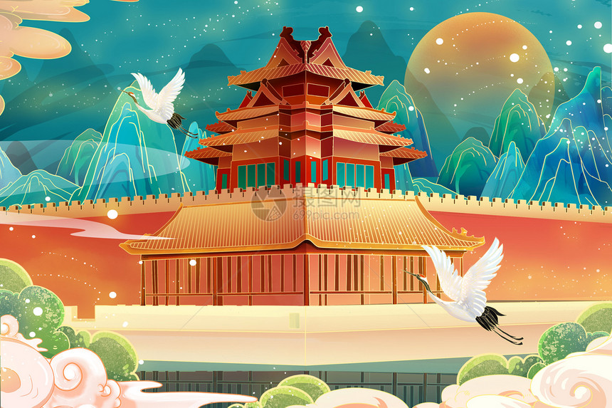 中国风北京故宫一角山水建筑唯美风景插画图片