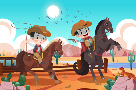 六一儿童节小朋友西部骑马当牛仔沙漠冒险背景图片