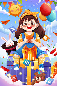 一堆气球卡通六一儿童节欢乐女孩插画插画