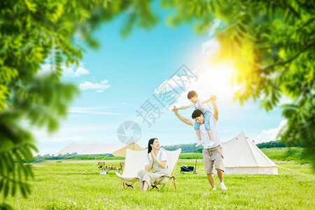 家人休闲绿色大气家人野外露营设计图片