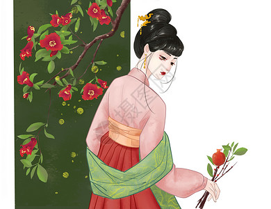 美女车模金美辛手绘古风人物榴花拟人水墨插画插画