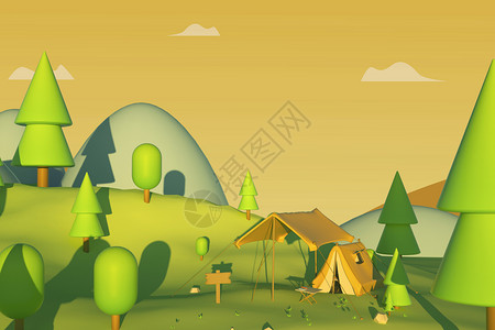 小帐篷夕阳下露营帐篷卡通场景设计图片