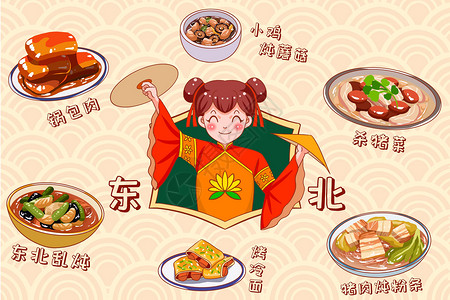 亚洲女生卡通东北美食插画