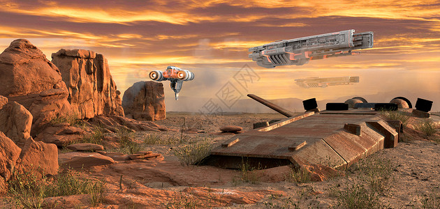 大气科技展架沙漠三维科幻场景在探索沙漠星球上遇到陨落的飞船场景插画