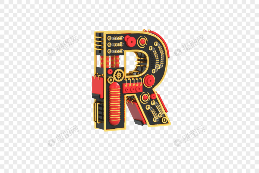 创意C4D黑金红机械风质感立体字母R图片