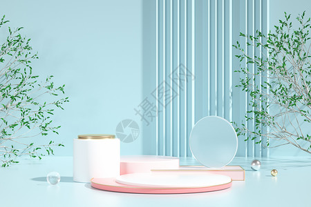 植物粉蓝粉清新展台背景设计图片