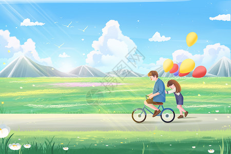 骑行游玩治愈父亲节父女女儿和爸爸一起玩自行车插画海报插画
