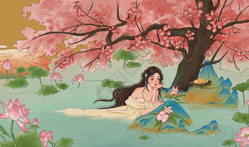 樱花焕肤长恨歌之桃花树下有肤白貌美的杨贵妃在华清池沐浴插画