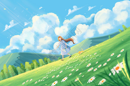 蓝天白云草唯美治愈蓝天白云下快乐奔跑的女孩和小狗插画背景插画