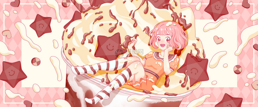 夏日巧克力冰淇淋女孩系列插画banner图片